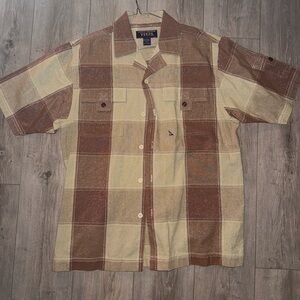 Vtg Veezo Button Up Shirt Top Men's L Brown‎ Tan Plaid Pocket Casual Vietnam